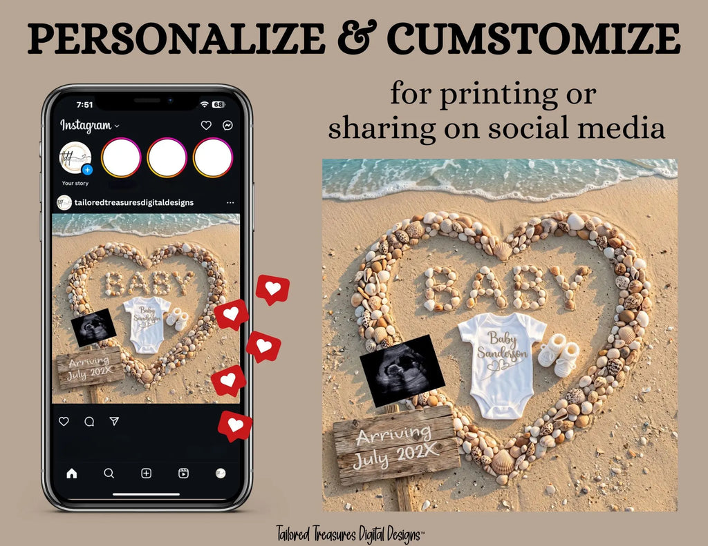 Digital Seashell Pregnancy Announcement, Baby Surname, Customizable Beach Themed, Personalized Editable Template TailoredTreasuresDigitalDesigns™