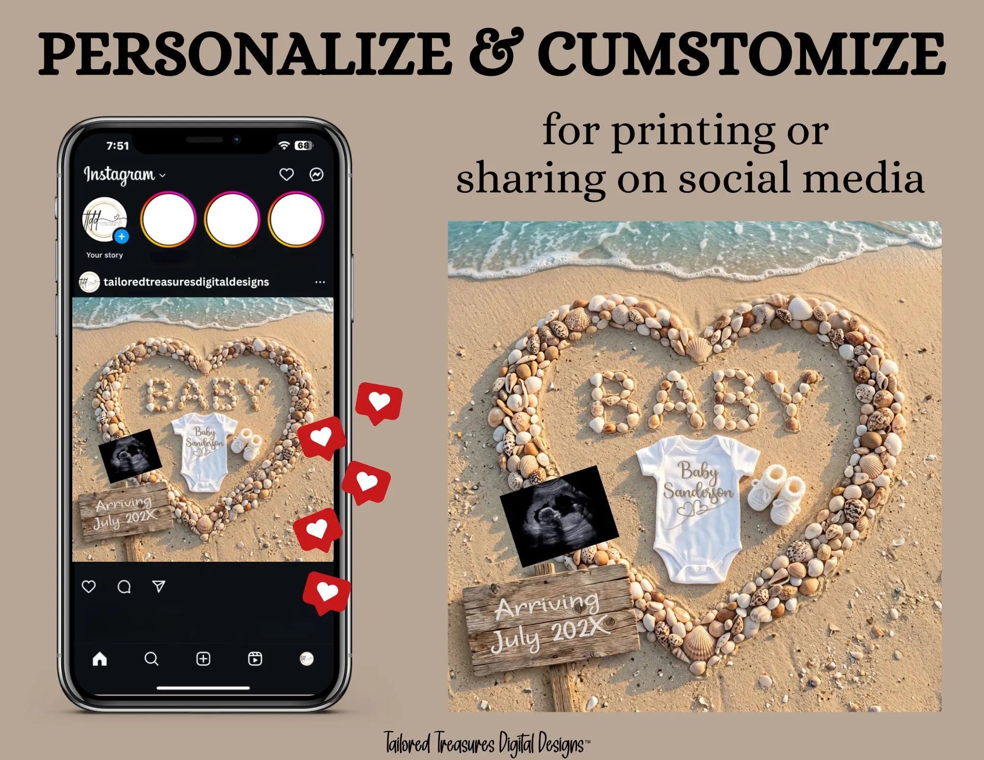 Digital Seashell Pregnancy Announcement, Baby Surname, Customizable Beach Themed, Personalized Editable Template TailoredTreasuresDigitalDesigns™