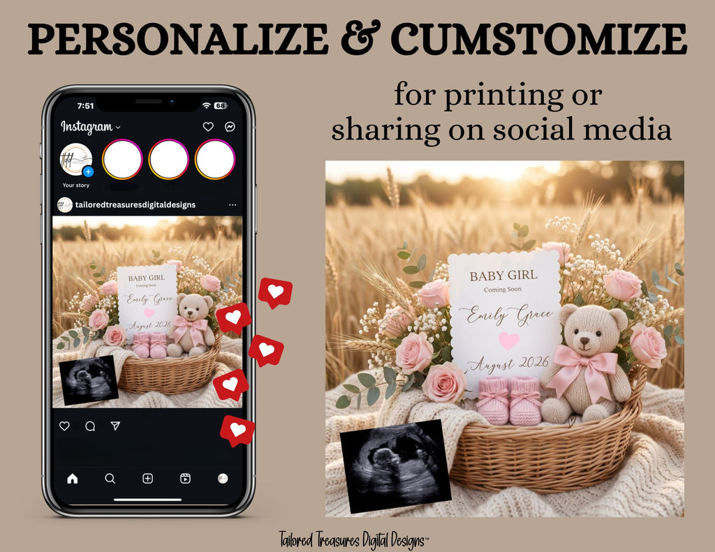 Pink Rose Baby Girl Pregnancy Announcement Template | Rustic Boho Editable Digital Download TailoredTreasuresDigitalDesigns™