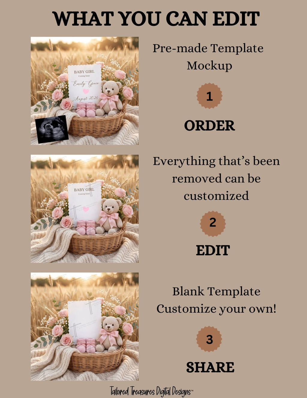 Pink Rose Baby Girl Pregnancy Announcement Template | Rustic Boho Editable Digital Download TailoredTreasuresDigitalDesigns™