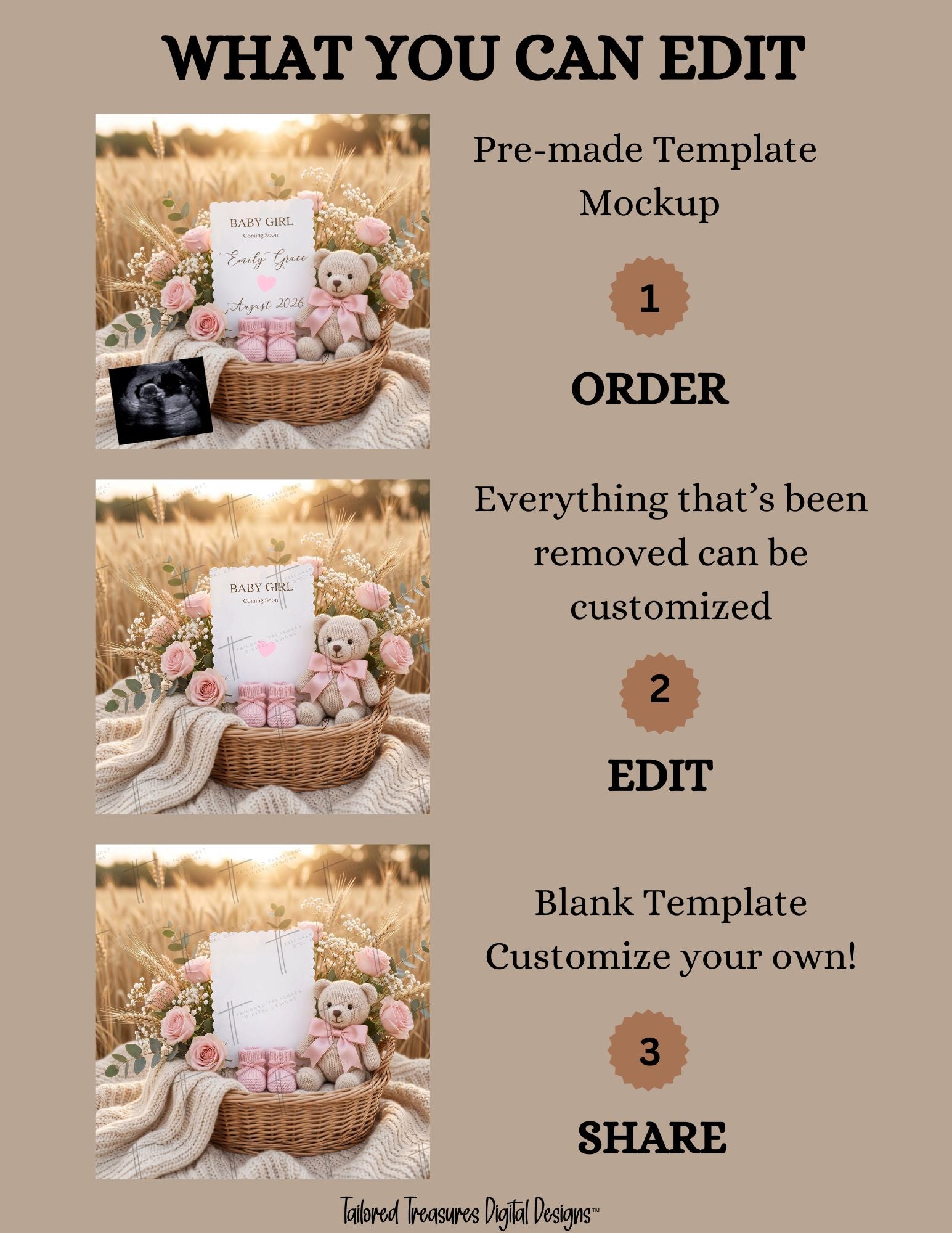 Pink Rose Baby Girl Pregnancy Announcement Template | Rustic Boho Editable Digital Download TailoredTreasuresDigitalDesigns™
