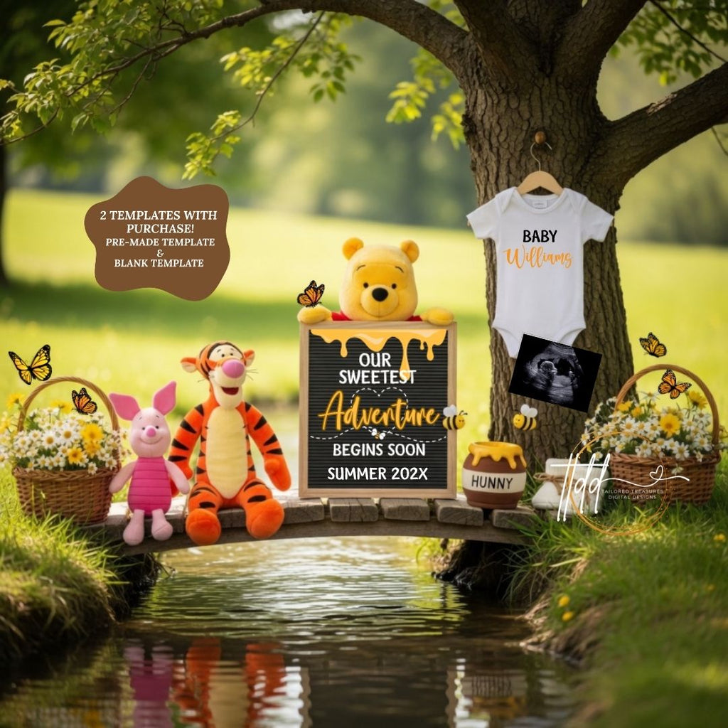 Disney Winnie the Pooh → Disney Winnie the Pooh Sweetest Baby Reveal Digital Editable Template, Canva Instant Download