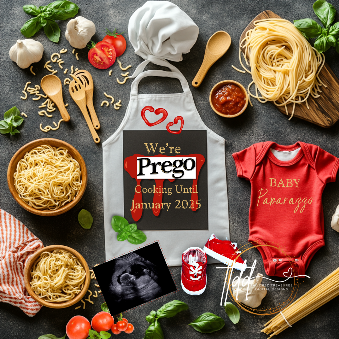 Digital Cooking Pregnancy Announcement, We're Prego, Customizable Italian Themed, Personalized Editable Template TailoredTreasuresDigitalDesigns™