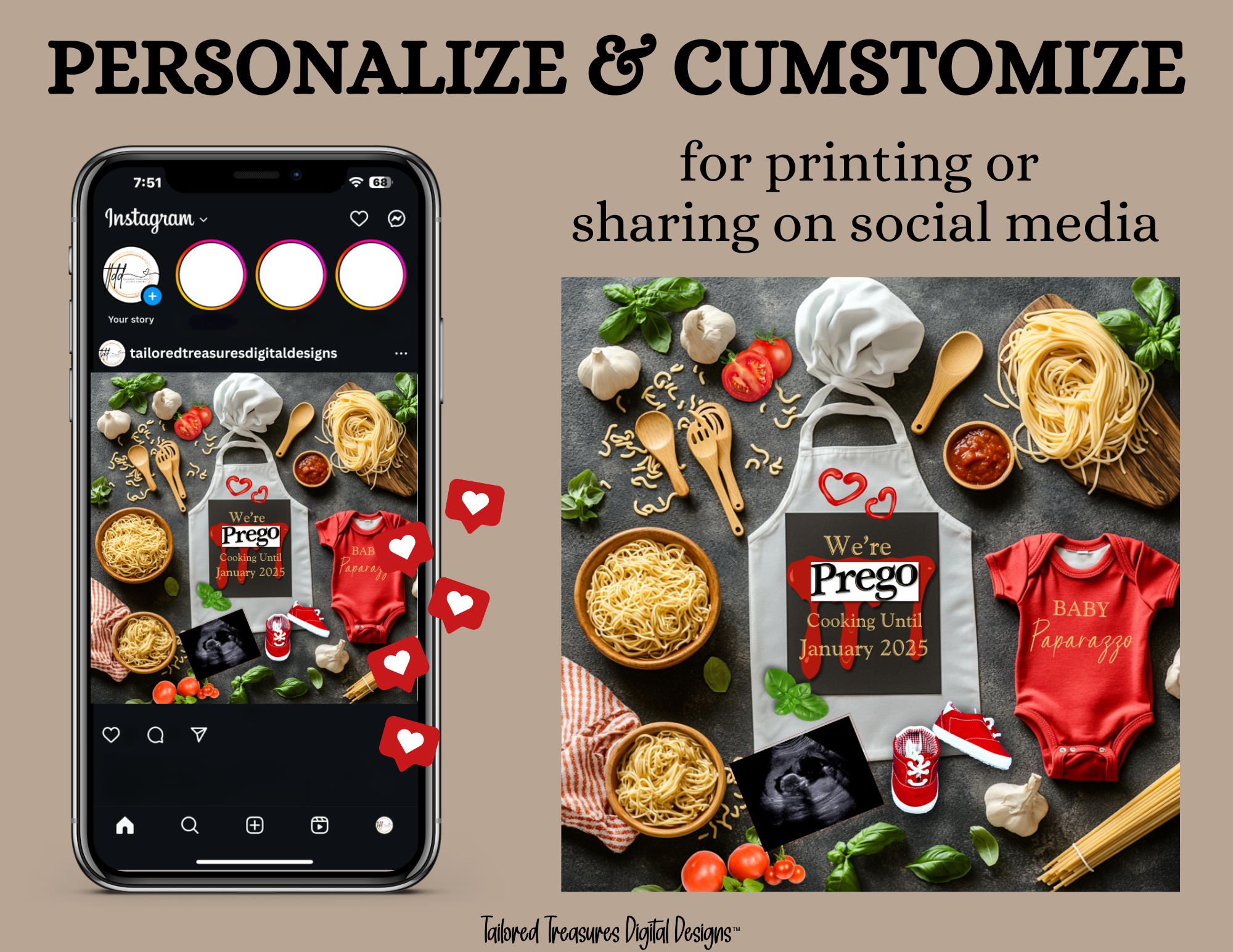 Digital Cooking Pregnancy Announcement, We're Prego, Customizable Italian Themed, Personalized Editable Template TailoredTreasuresDigitalDesigns™