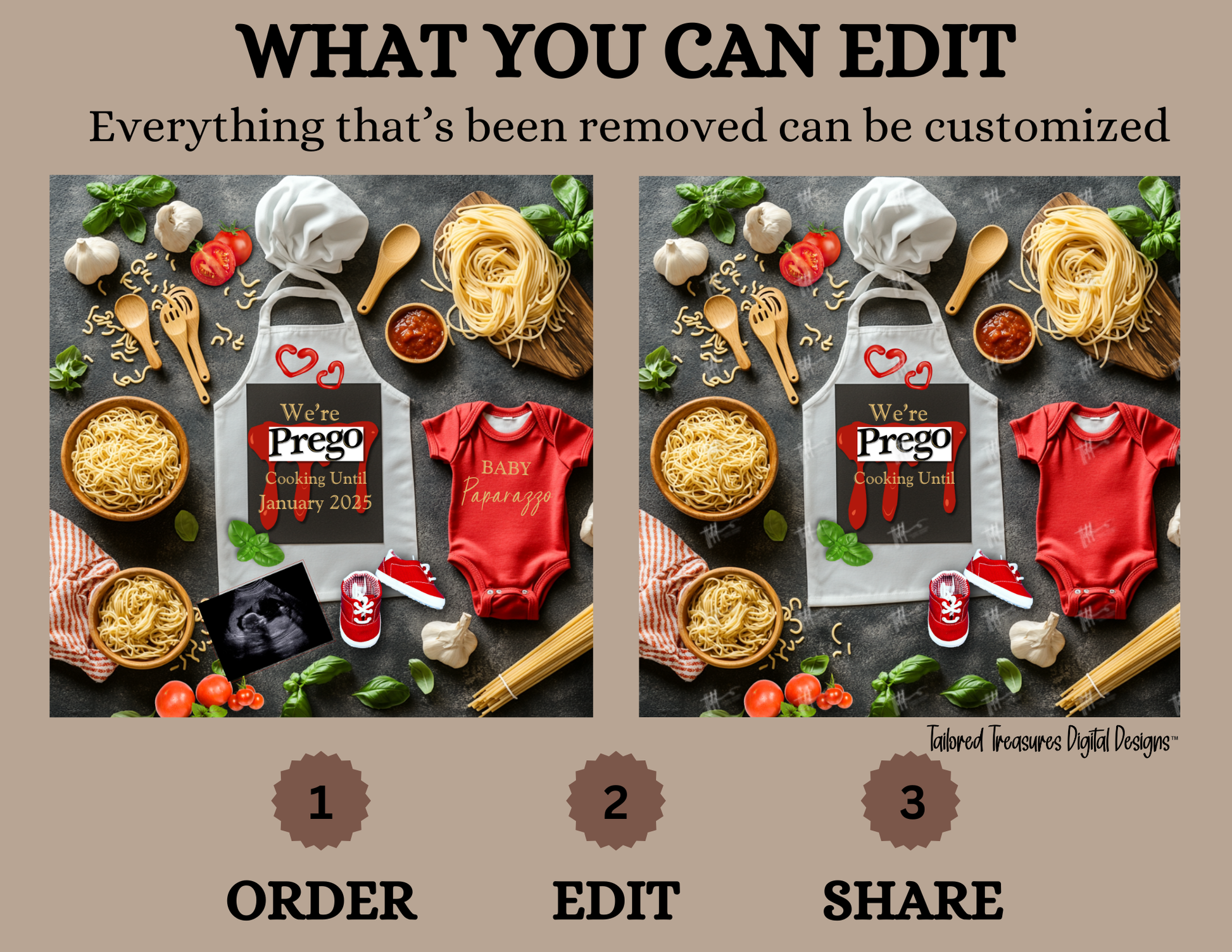 Digital Cooking Pregnancy Announcement, We're Prego, Customizable Italian Themed, Personalized Editable Template TailoredTreasuresDigitalDesigns™