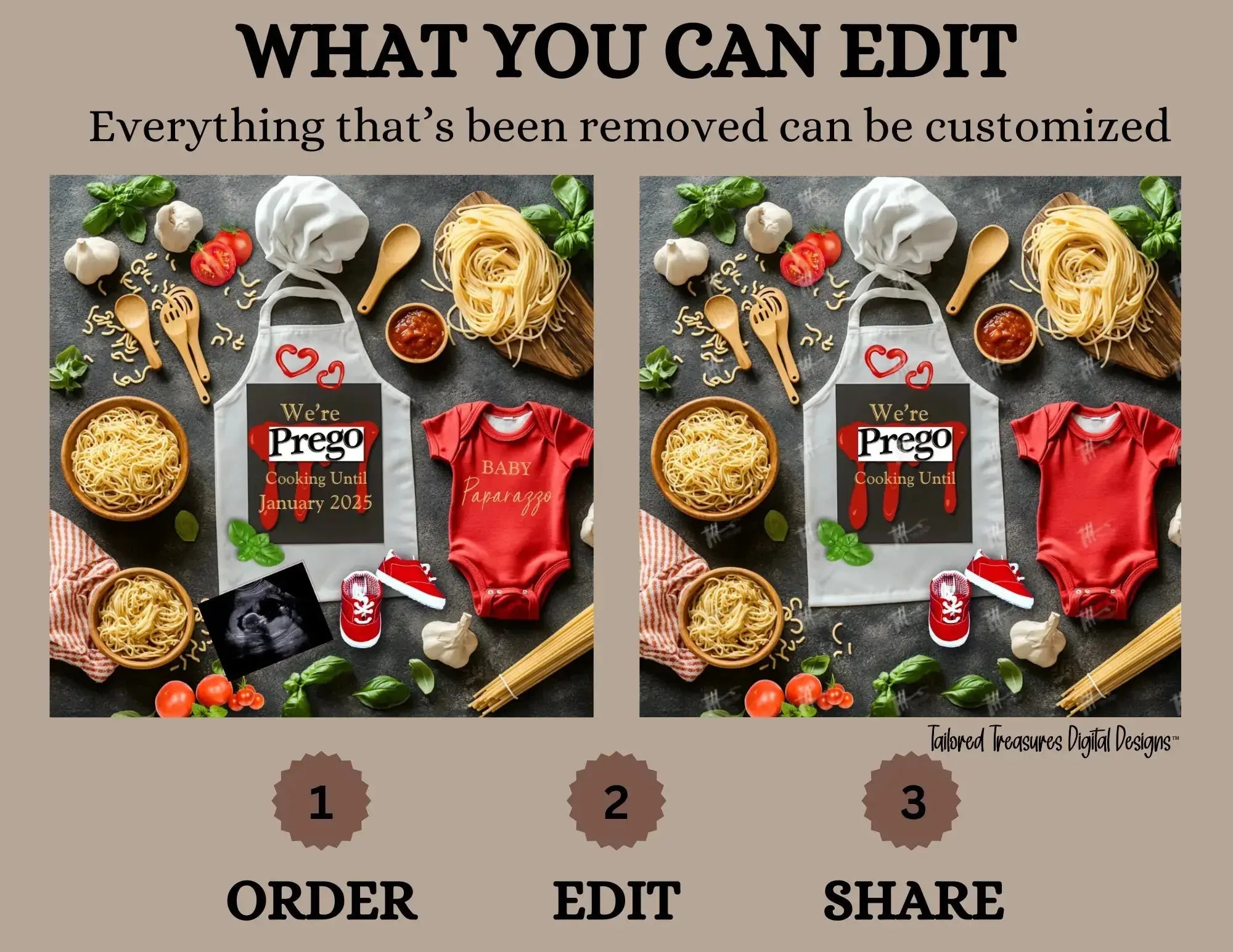 Digital Cooking Pregnancy Announcement, We're Prego, Customizable Italian Themed, Personalized Editable Template TailoredTreasuresDigitalDesigns™