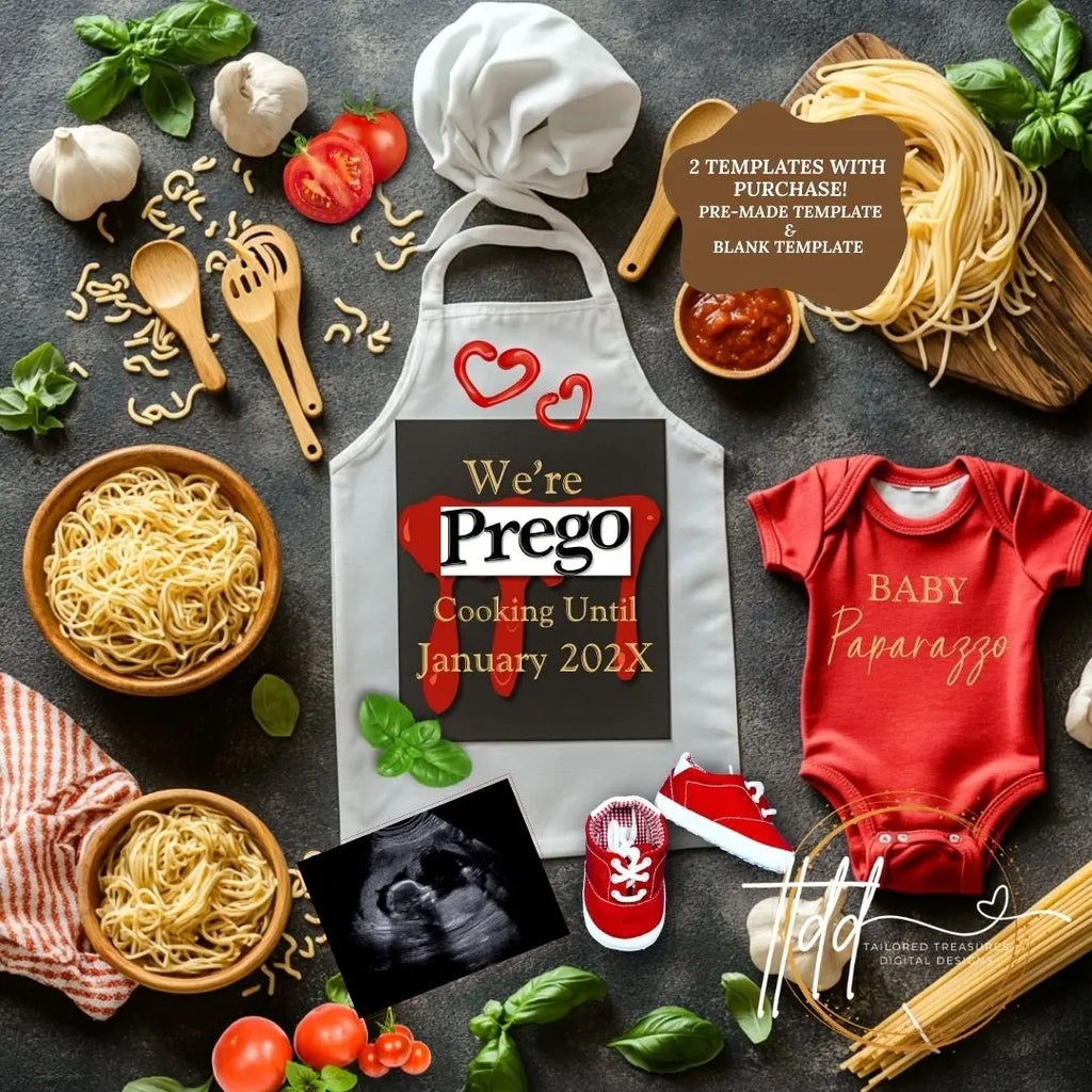 Digital Cooking Pregnancy Announcement, We're Prego, Customizable Italian Themed, Personalized Editable Template TailoredTreasuresDigitalDesigns™