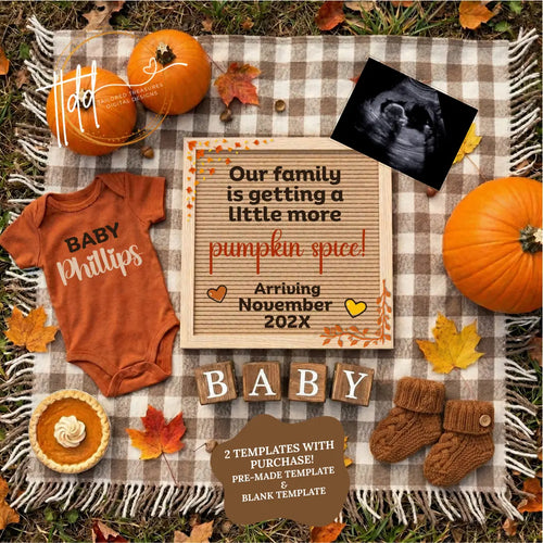 Our Family is Getting a Little More Pumpkin Spice, Fall Pumpkin Digital Pregnancy Announcement, Autumn Instant Download Editable Template TrendyCustomApparel™