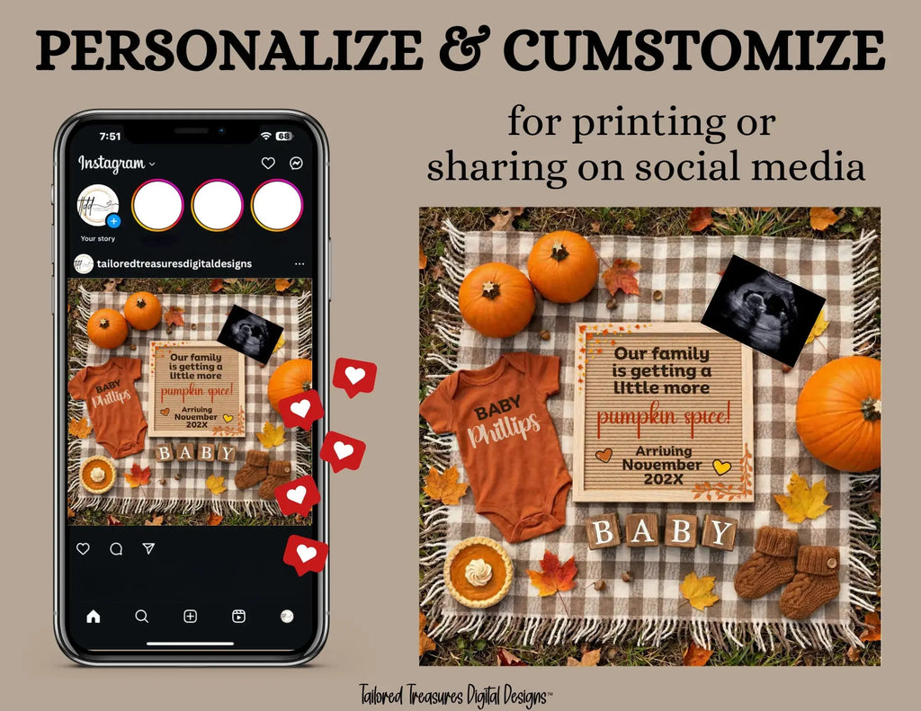 Our Family is Getting a Little More Pumpkin Spice, Fall Pumpkin Digital Pregnancy Announcement, Autumn Instant Download Editable Template TrendyCustomApparel™
