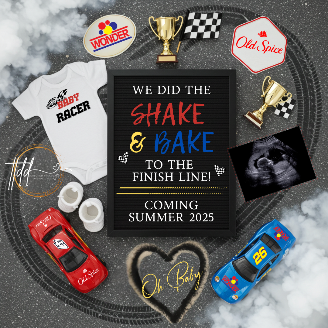  baby reveal digital image with 'Baby Racer' onesie, toy cars, and 'Old Spice' branding.