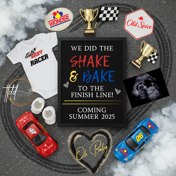  baby reveal digital image with 'Baby Racer' onesie, toy cars, and 'Old Spice' branding.