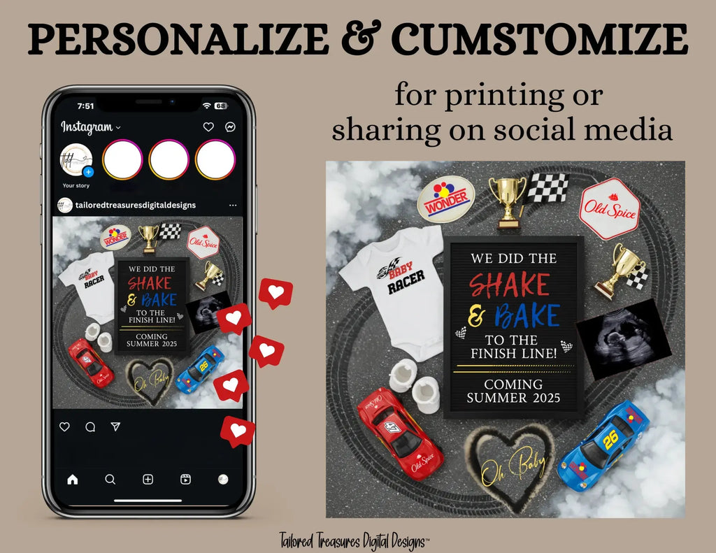 Phone screen with design app and printed items on a table