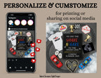 Phone screen with design app and printed items on a table