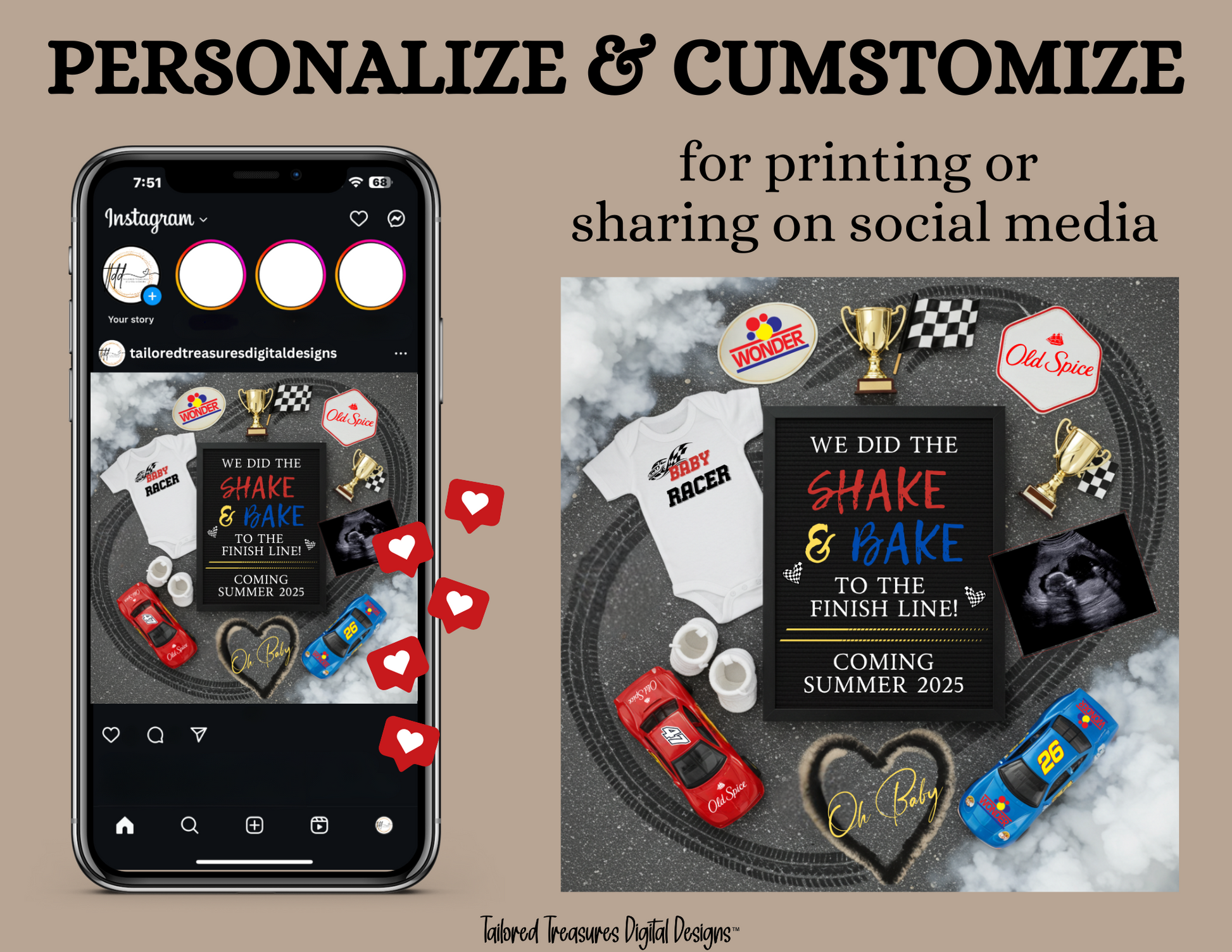 Phone screen with design app and printed items on a table