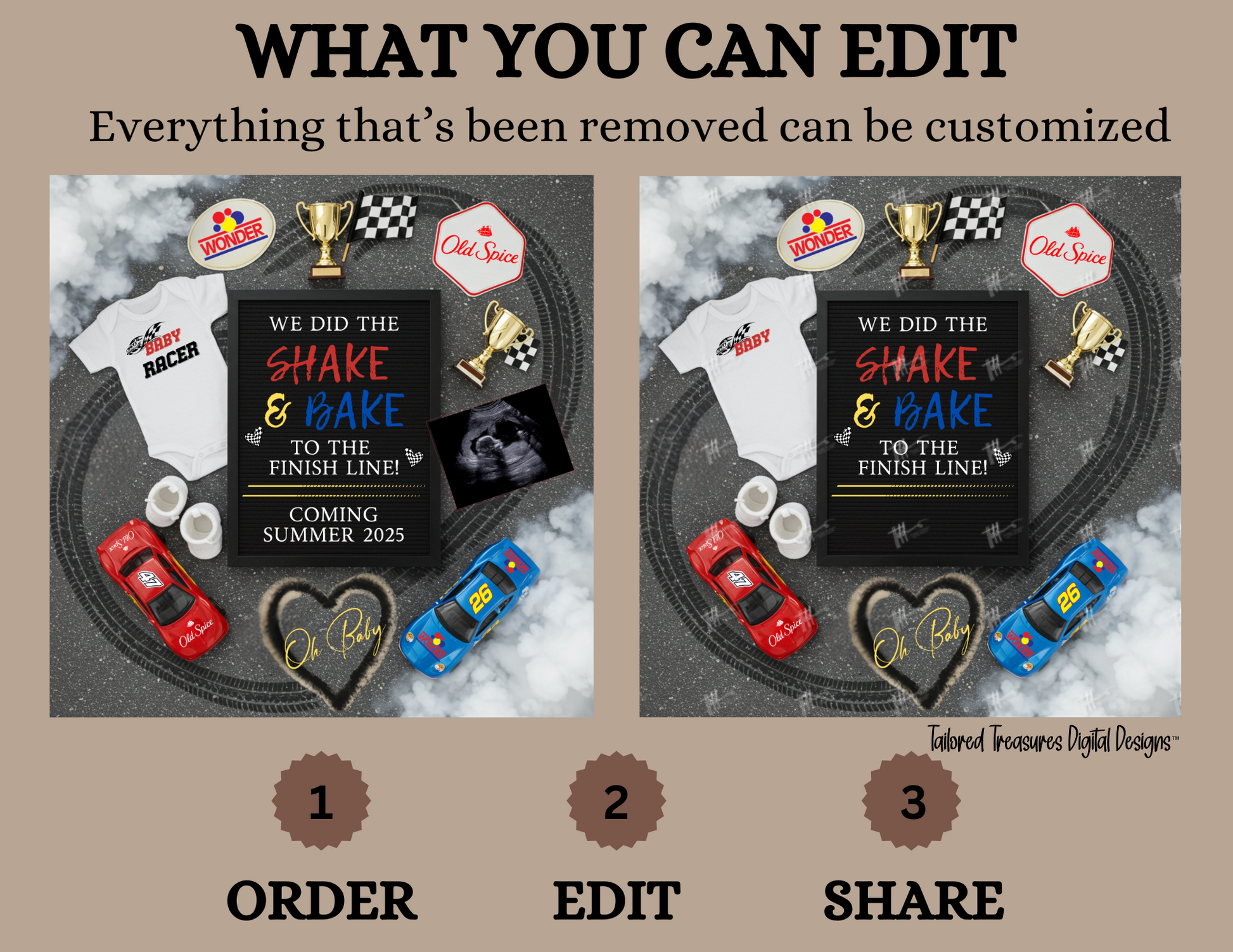 Product display with customizable elements on a textured background