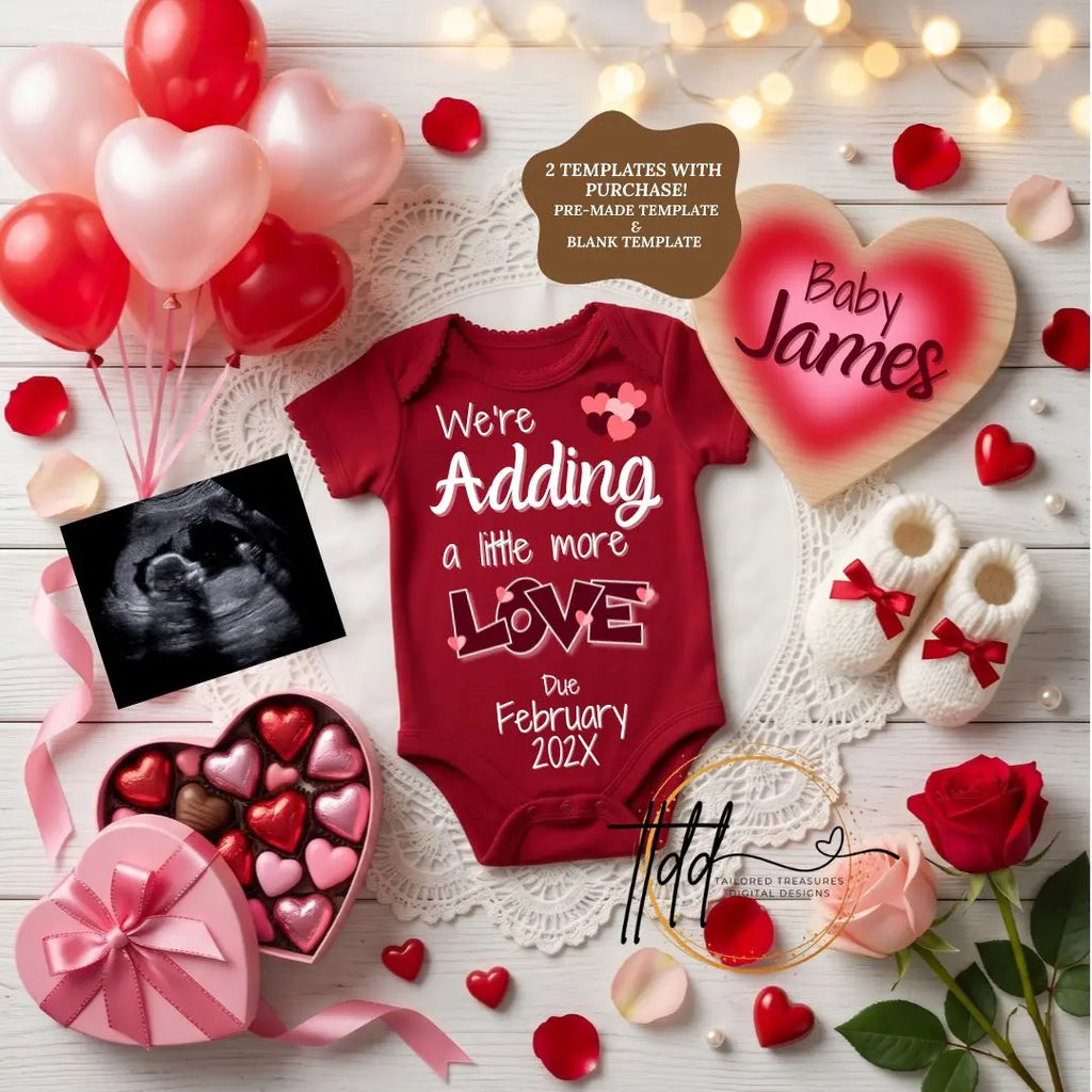 Digital Valentine's Pregnancy Announcement, Angel Baby Adding More Love, Customizable February Themed, Personalized Editable Template TailoredTreasuresDigitalDesigns™