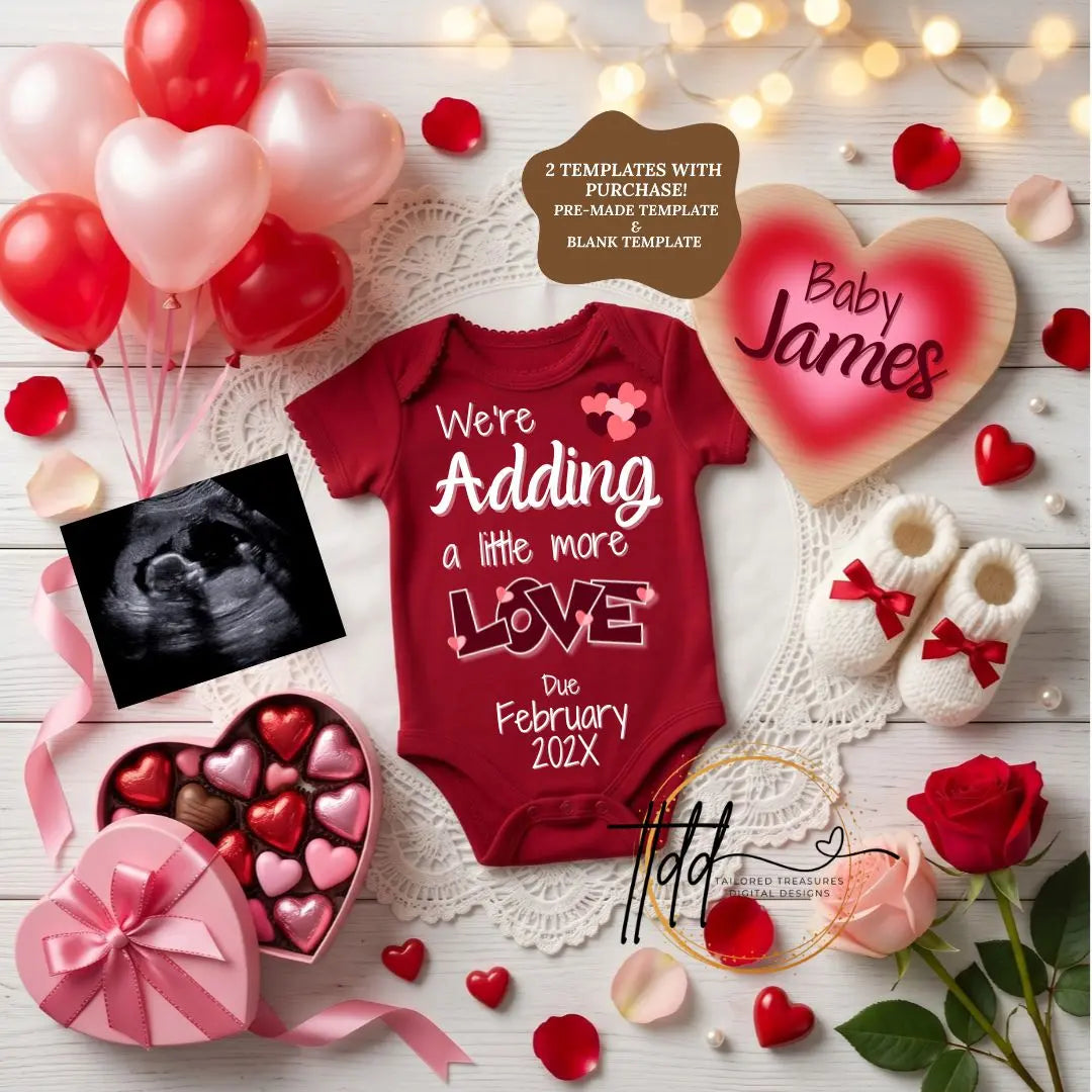 Digital Valentine's Pregnancy Announcement, Angel Baby Adding More Love, Customizable February Themed, Personalized Editable Template TailoredTreasuresDigitalDesigns™