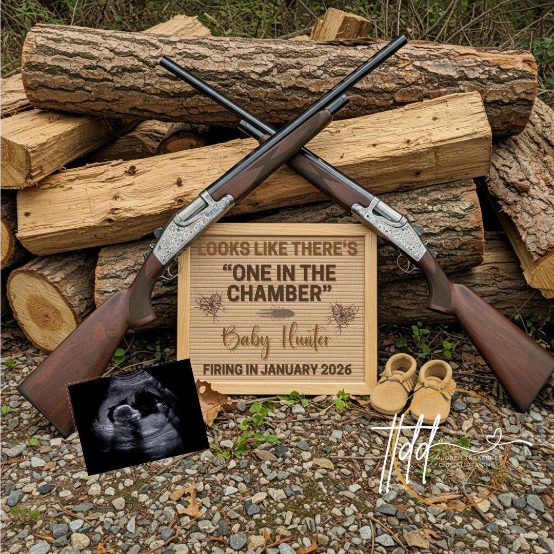 Digital Rifle Themed Pregnancy Announcement, One in the Chamber, Customizable, Downloadable Editable Template TailoredTreasuresDigitalDesigns™