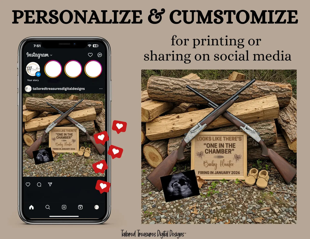 Hunting Rifle Digital Pregnancy Announcement, One in the Chamber, Canva Downloadable Editable Social Media Template TailoredTreasuresDigitalDesigns™