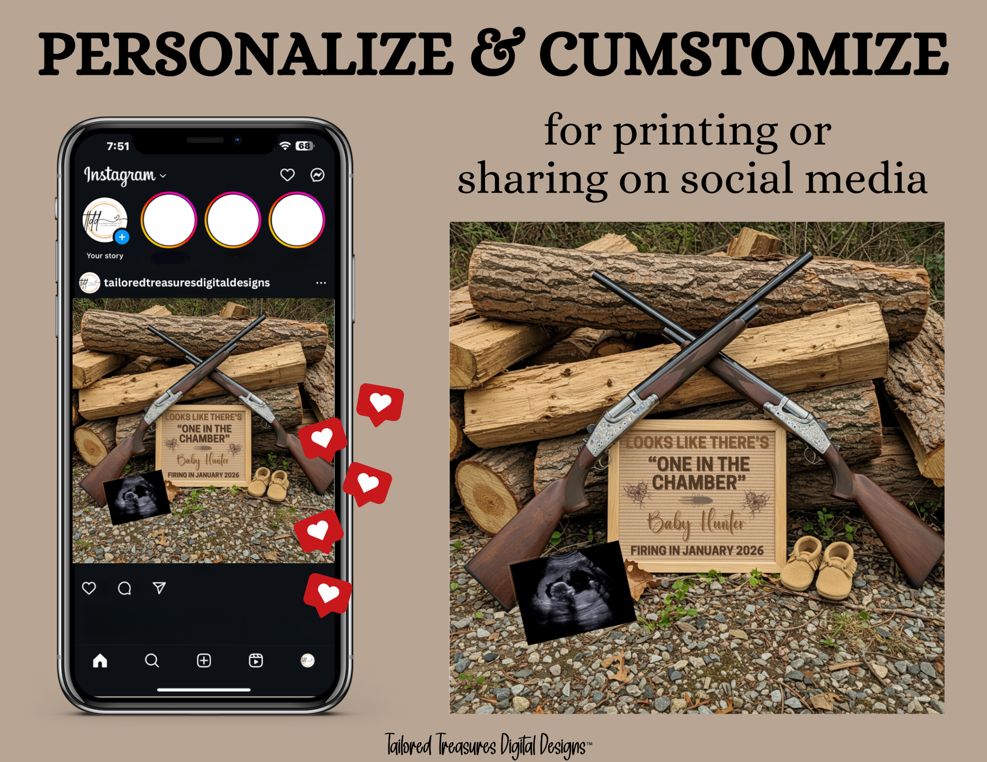 Digital Rifle Themed Pregnancy Announcement, One in the Chamber, Customizable, Downloadable Editable Template TailoredTreasuresDigitalDesigns™