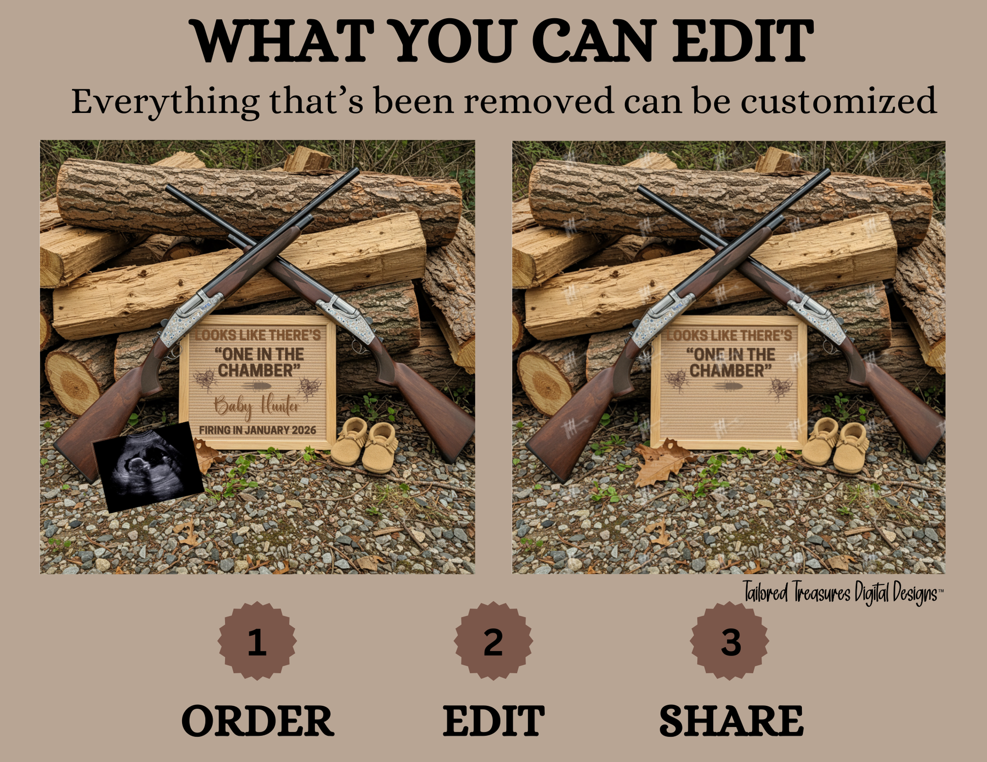 Digital Rifle Themed Pregnancy Announcement, One in the Chamber, Customizable, Downloadable Editable Template TailoredTreasuresDigitalDesigns™