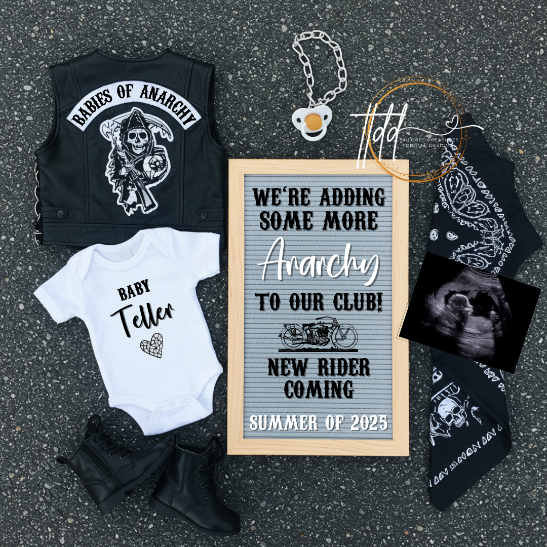 Digital Pregnancy Announcement, Harley Davidson, Motorcycle Customizable Sons of Anarchy Themed, Personalized Editable Template TailoredTreasuresDigitalDesigns™