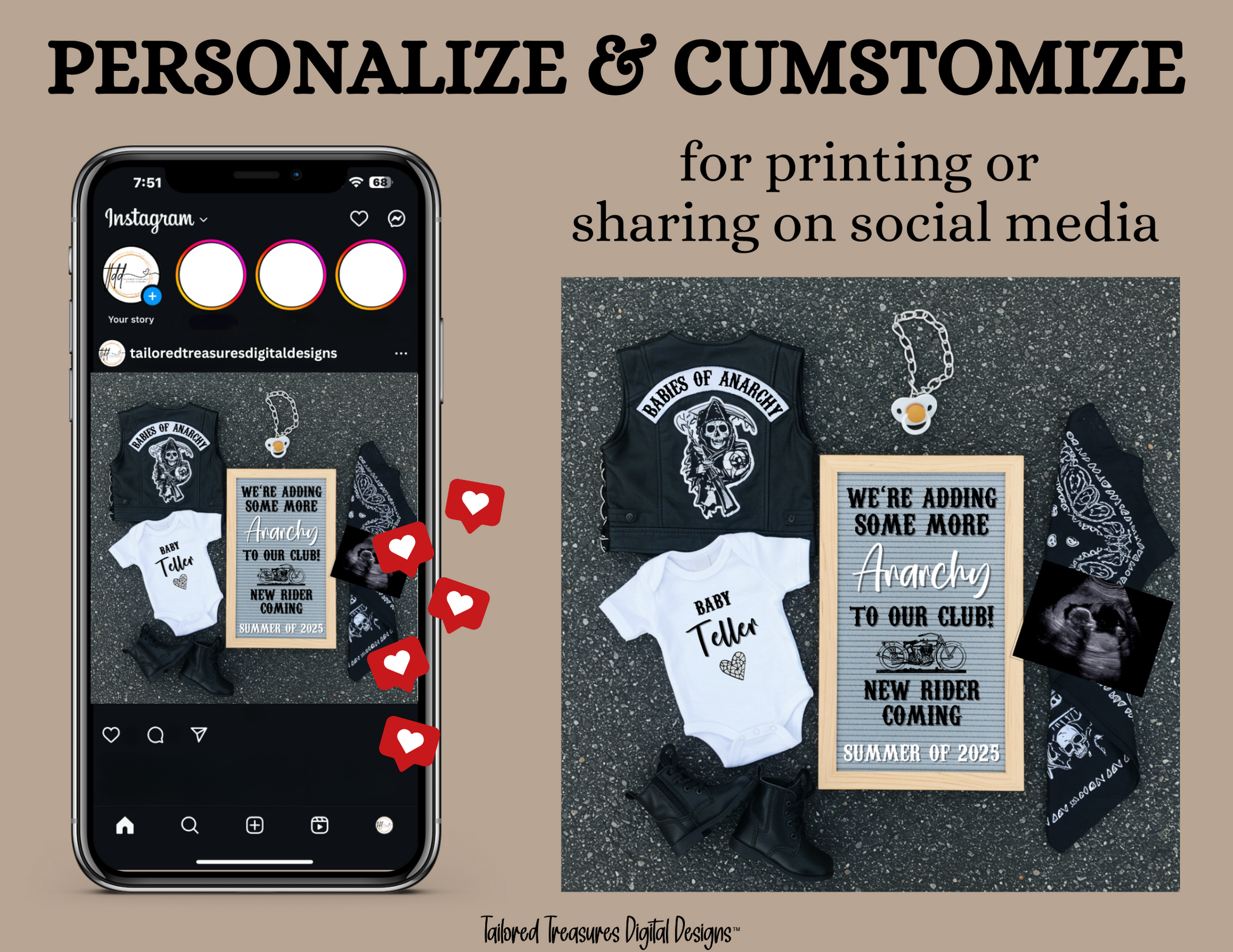 Digital Pregnancy Announcement, Harley Davidson, Motorcycle Customizable Sons of Anarchy Themed, Personalized Editable Template TailoredTreasuresDigitalDesigns™