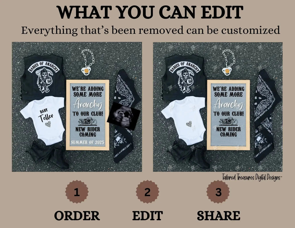 Digital Pregnancy Announcement, Harley Davidson, Motorcycle Customizable Sons of Anarchy Themed, Personalized Editable Template TailoredTreasuresDigitalDesigns™