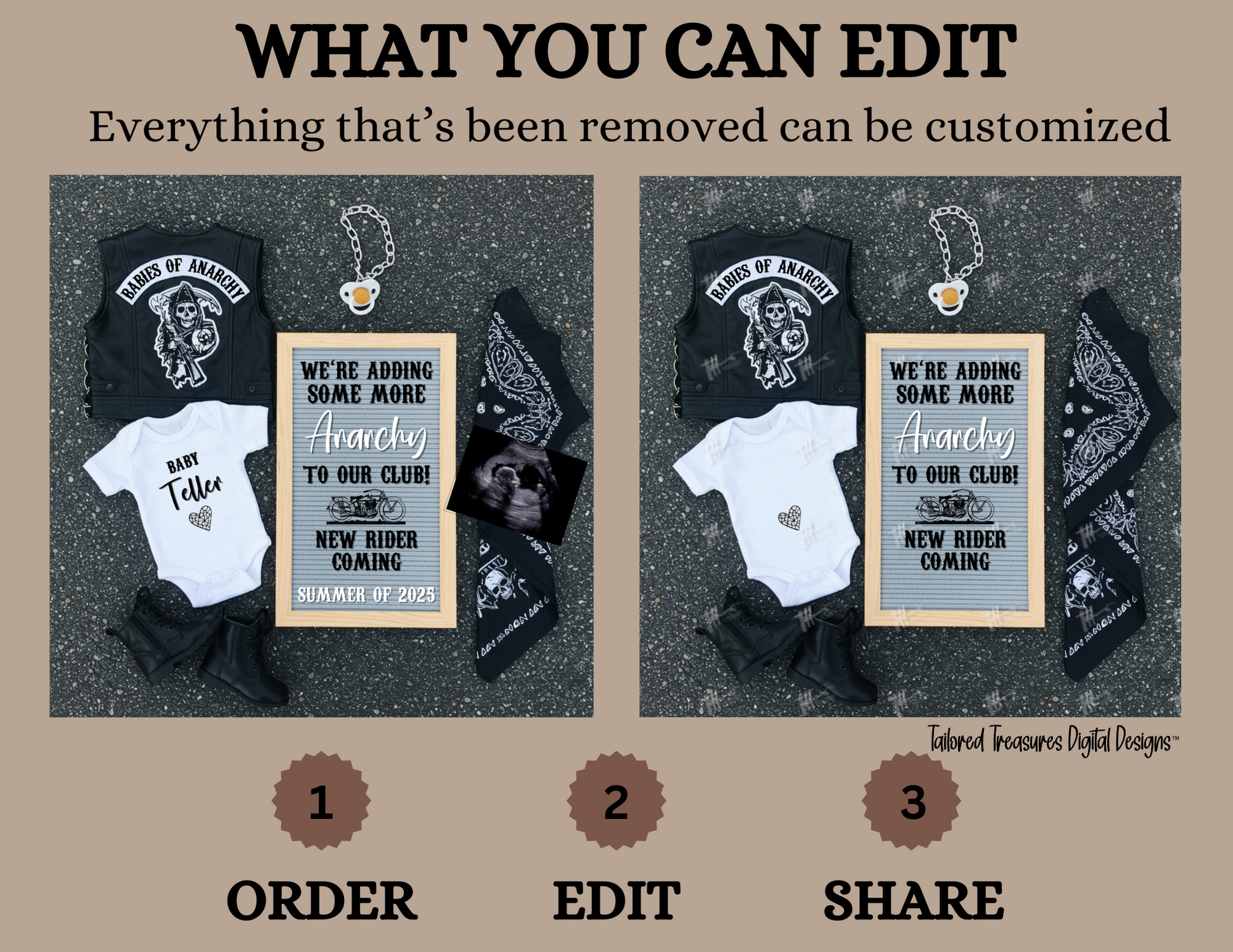 Digital Pregnancy Announcement, Harley Davidson, Motorcycle Customizable Sons of Anarchy Themed, Personalized Editable Template TailoredTreasuresDigitalDesigns™