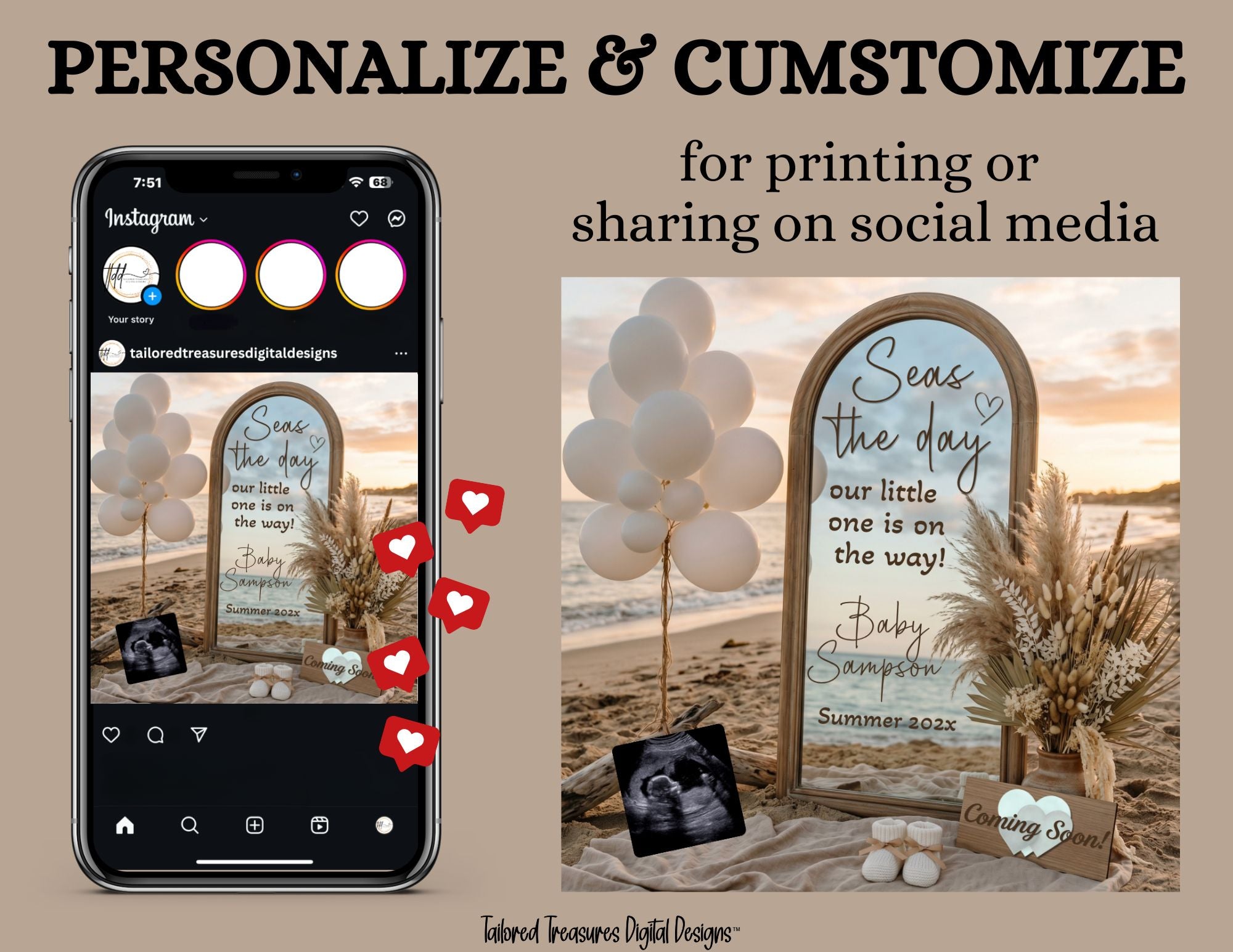 Modern Beach Pregnancy Announcement Template | Gender Neutral Canva Template | Sunset Ocean Baby Reveal TailoredTreasuresDigitalDesigns™