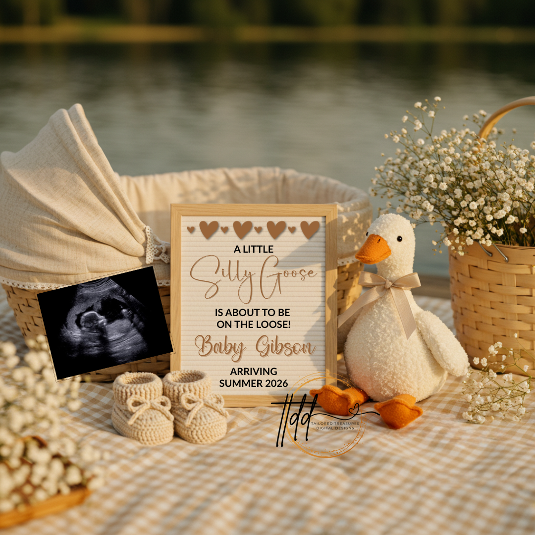 Goose Lake Baby Reveal with a sign, baby shoes, plush duck, and ultrasound photo by a body of water.