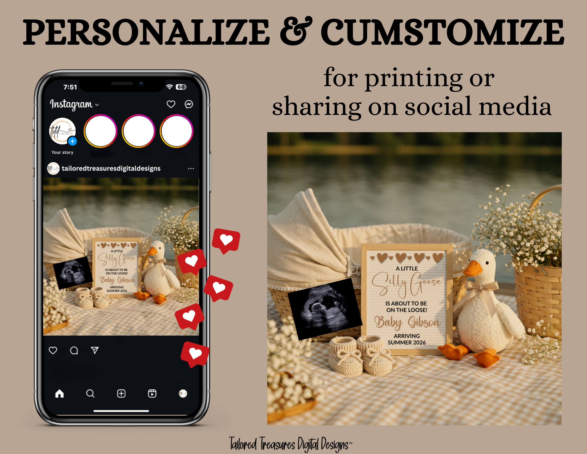 Phone screen with Instagram app showing a baby announcement post, next to a physical baby shower decoration with a card and stuffed duck.