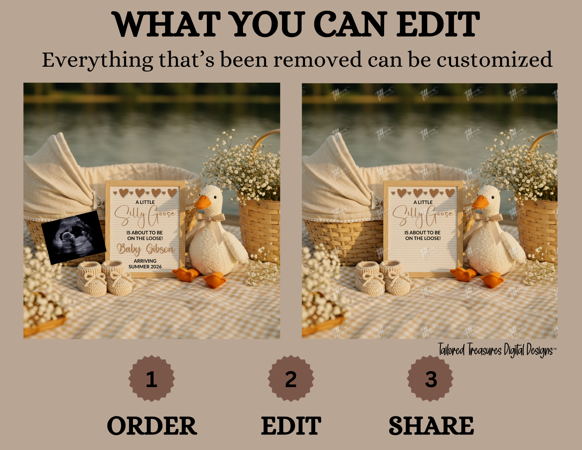 Product display with customizable elements for a baby shower invitation, including ducks and a sign.