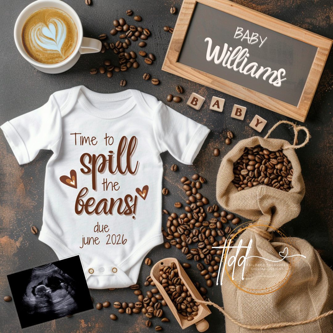 Digital Pregnancy Announcement, Spill the Beans, Customizable Coffee Beans Themed, Personalized Editable Template TailoredTreasuresDigitalDesigns™