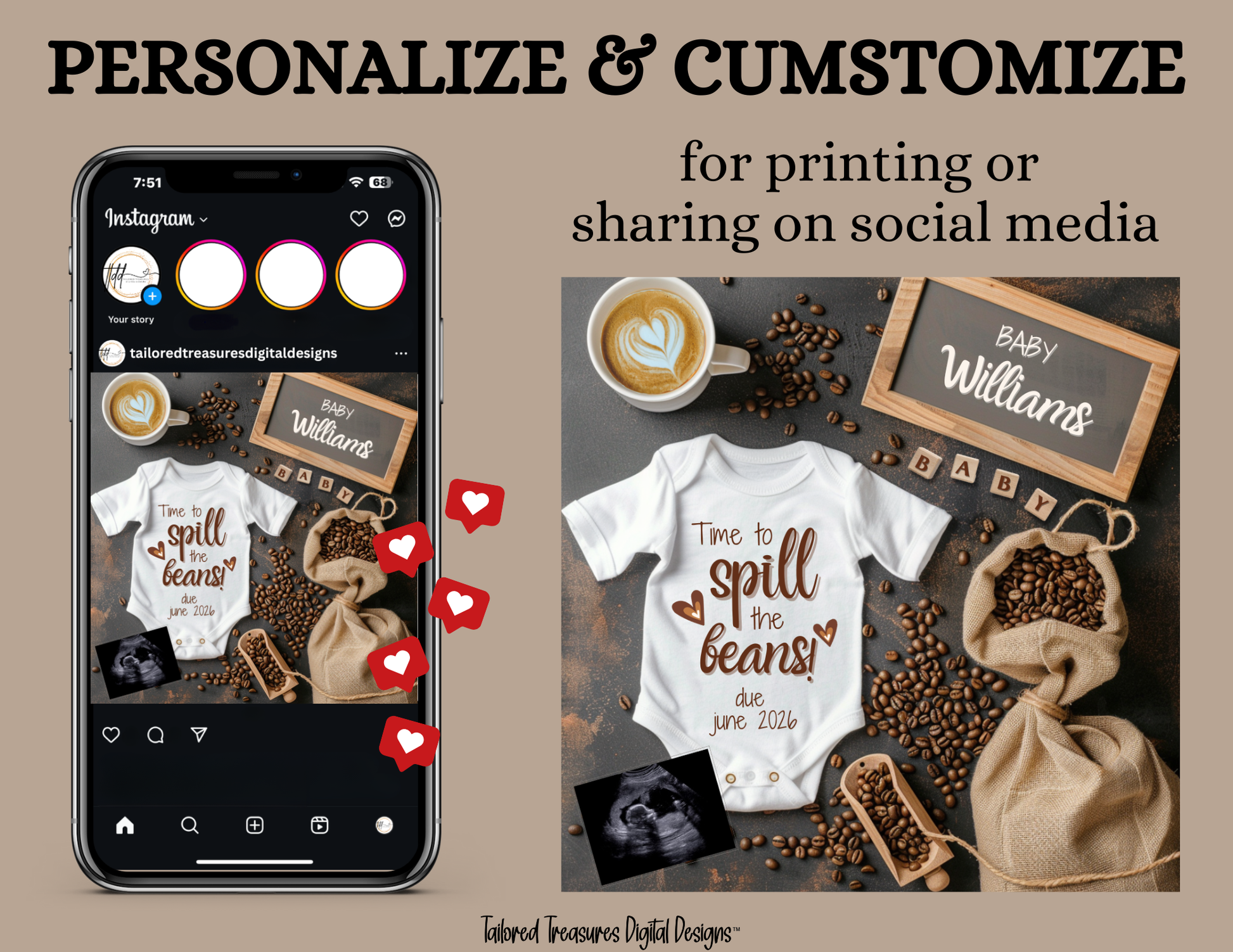 Digital Pregnancy Announcement, Spill the Beans, Customizable Coffee Beans Themed, Personalized Editable Template TailoredTreasuresDigitalDesigns™