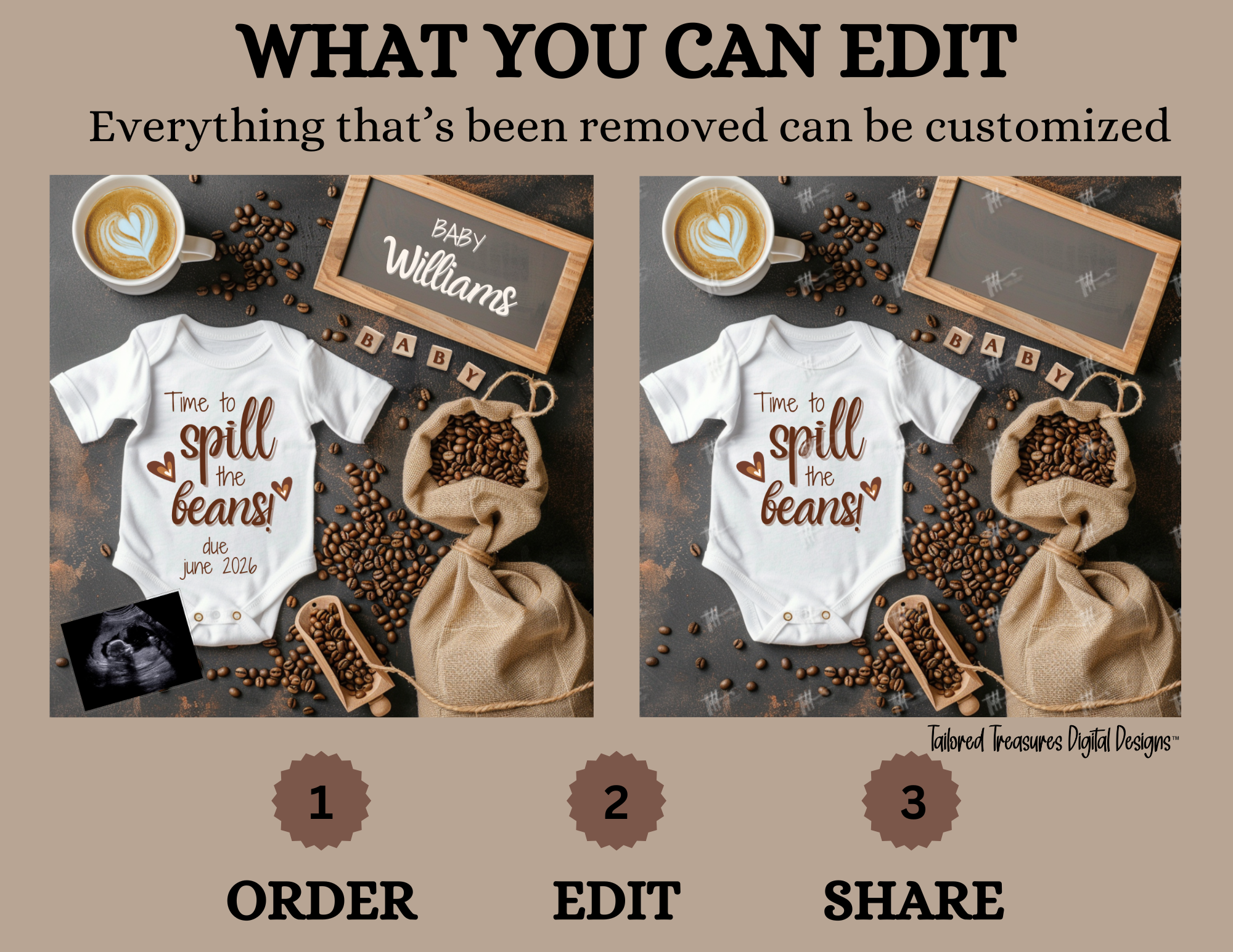 Digital Pregnancy Announcement, Spill the Beans, Customizable Coffee Beans Themed, Personalized Editable Template TailoredTreasuresDigitalDesigns™