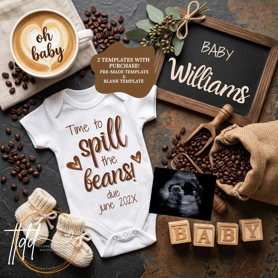 Spill the Beans Pregnancy Announcement Template | Funny Coffee Baby Reveal | Editable Canva Digital Download TailoredTreasuresDigitalDesigns™