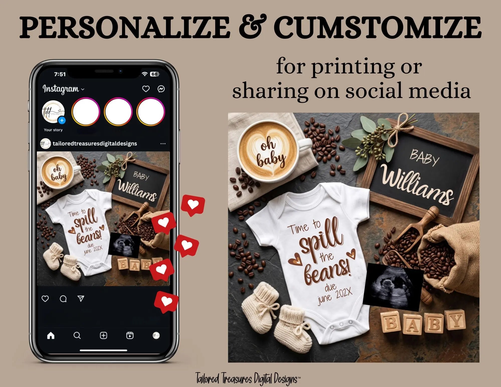 Spill the Beans Pregnancy Announcement Template | Funny Coffee Baby Reveal | Editable Canva Digital Download TailoredTreasuresDigitalDesigns™