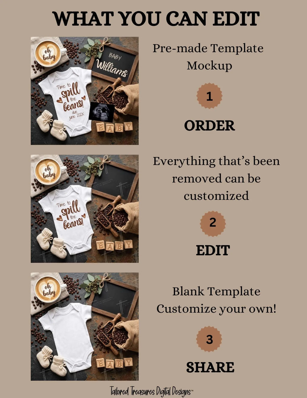 Spill the Beans Pregnancy Announcement Template | Funny Coffee Baby Reveal | Editable Canva Digital Download TailoredTreasuresDigitalDesigns™