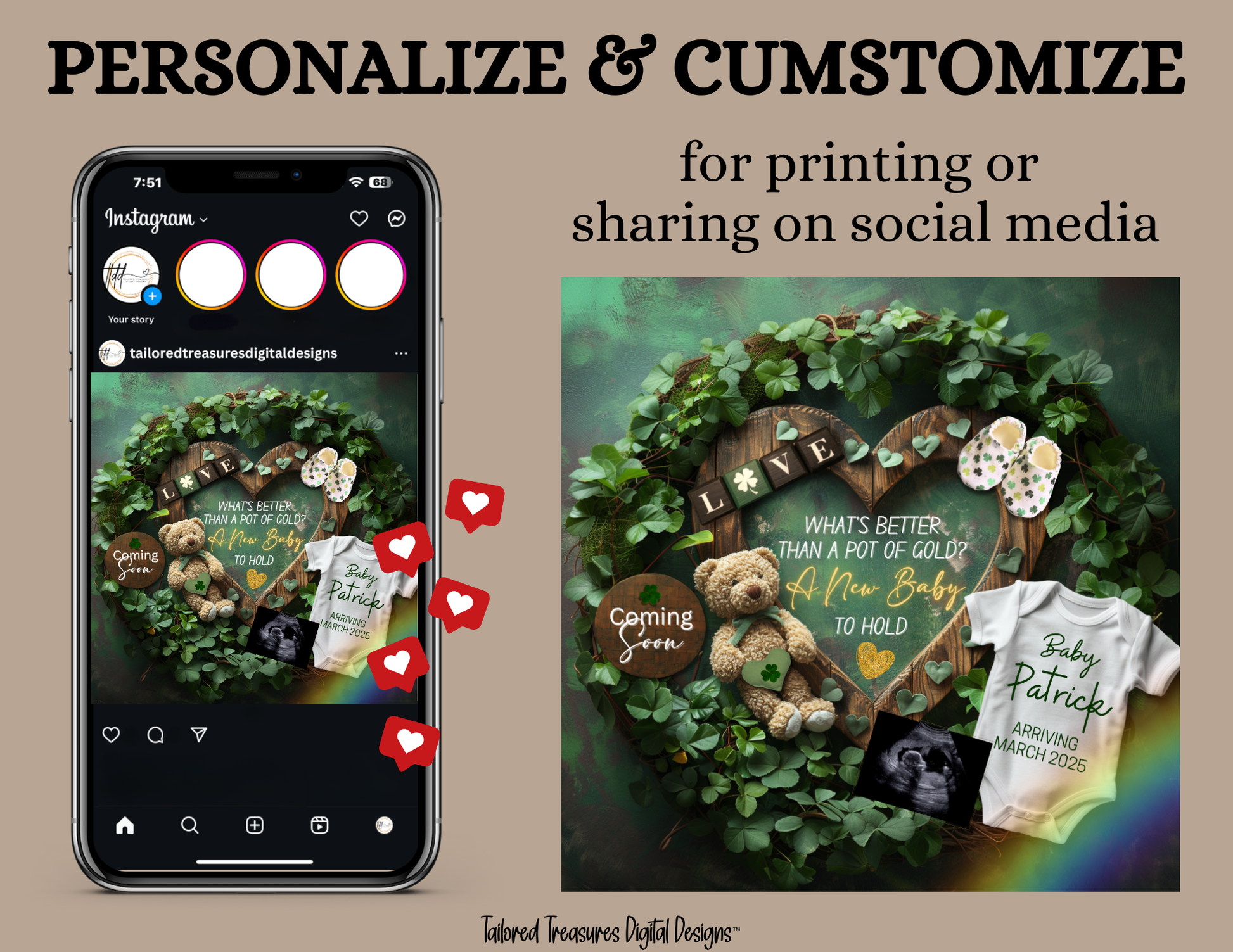 Digital St Patrick's Pregnancy Announcement, A New Baby To Hold, Customizable March Themed, Personalized Editable Template TailoredTreasuresDigitalDesigns™