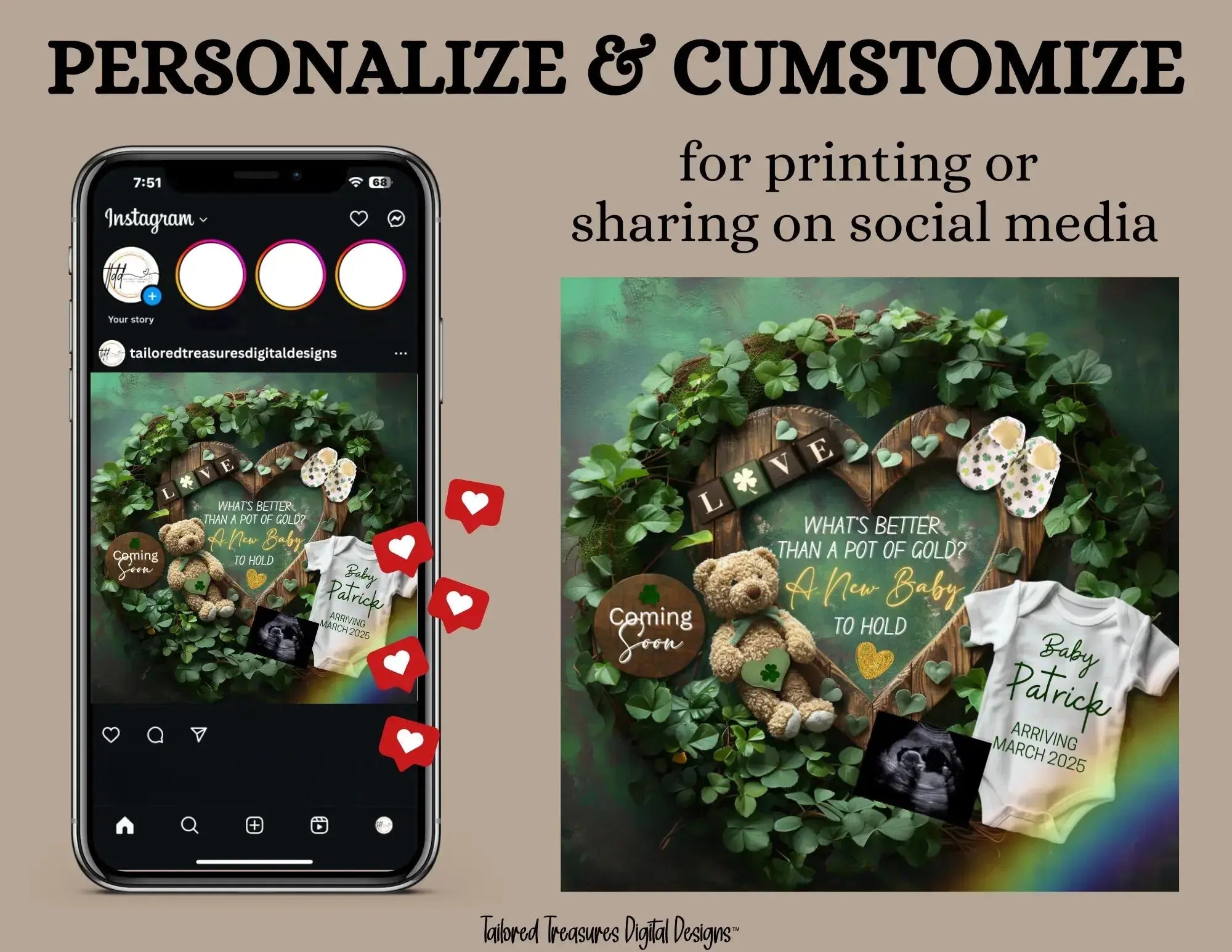 Digital St Patrick's Pregnancy Announcement, A New Baby To Hold, Customizable March Themed, Personalized Editable Template TailoredTreasuresDigitalDesigns™