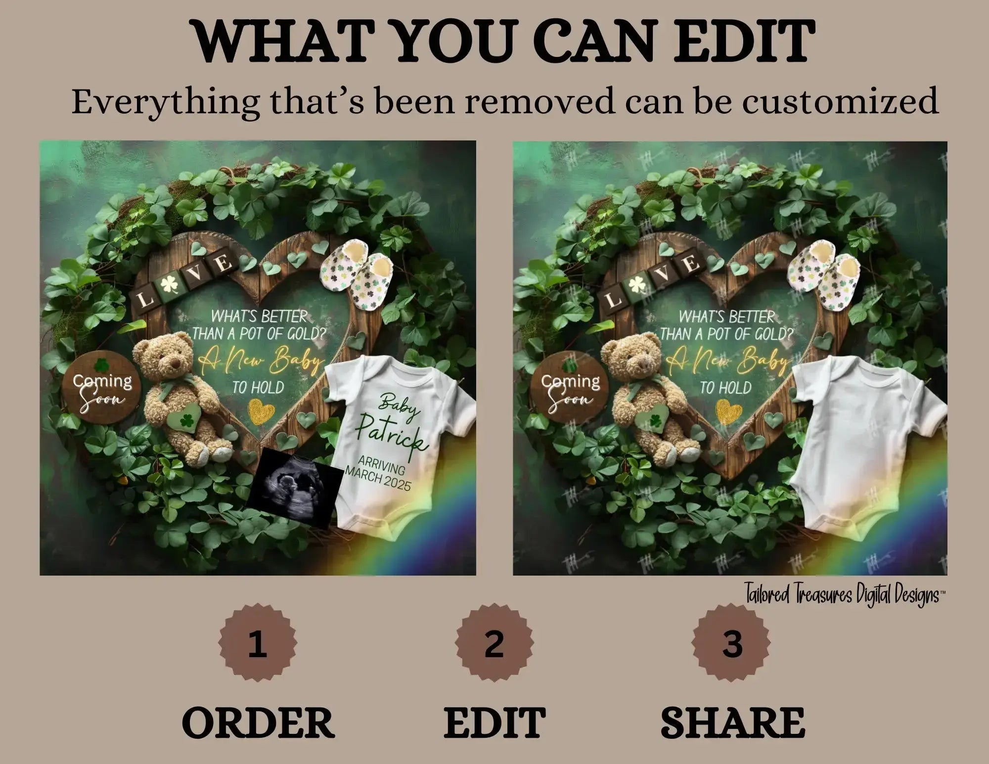 Digital St Patrick's Pregnancy Announcement, A New Baby To Hold, Customizable March Themed, Personalized Editable Template TailoredTreasuresDigitalDesigns™