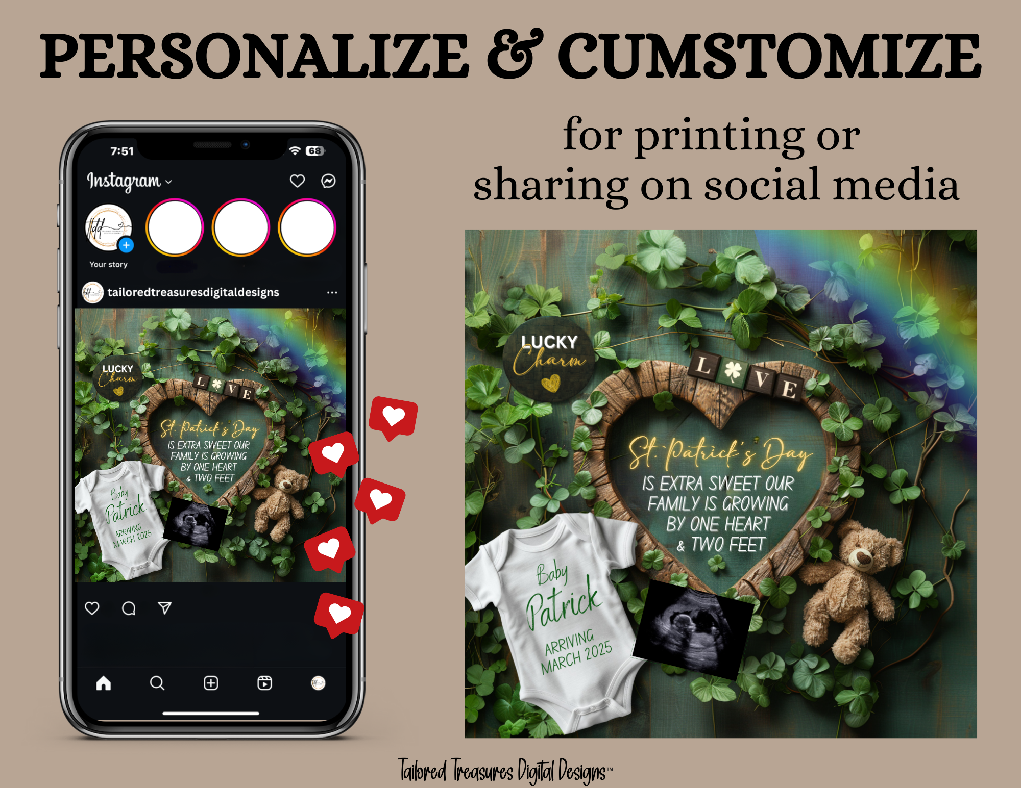 Digital St Patrick's Pregnancy Announcement, Extra Sweet, Customizable March Themed, Personalized Editable Template TailoredTreasuresDigitalDesigns™