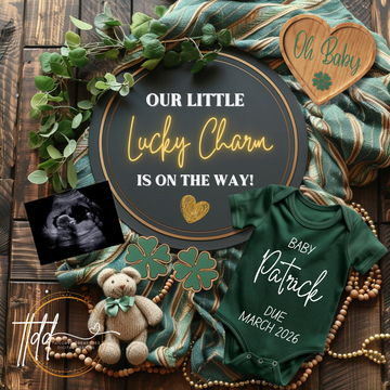 Digital St Patrick's Pregnancy Announcement, Lucky Charm, Customizable March Themed, Personalized Editable Template TailoredTreasuresDigitalDesigns™