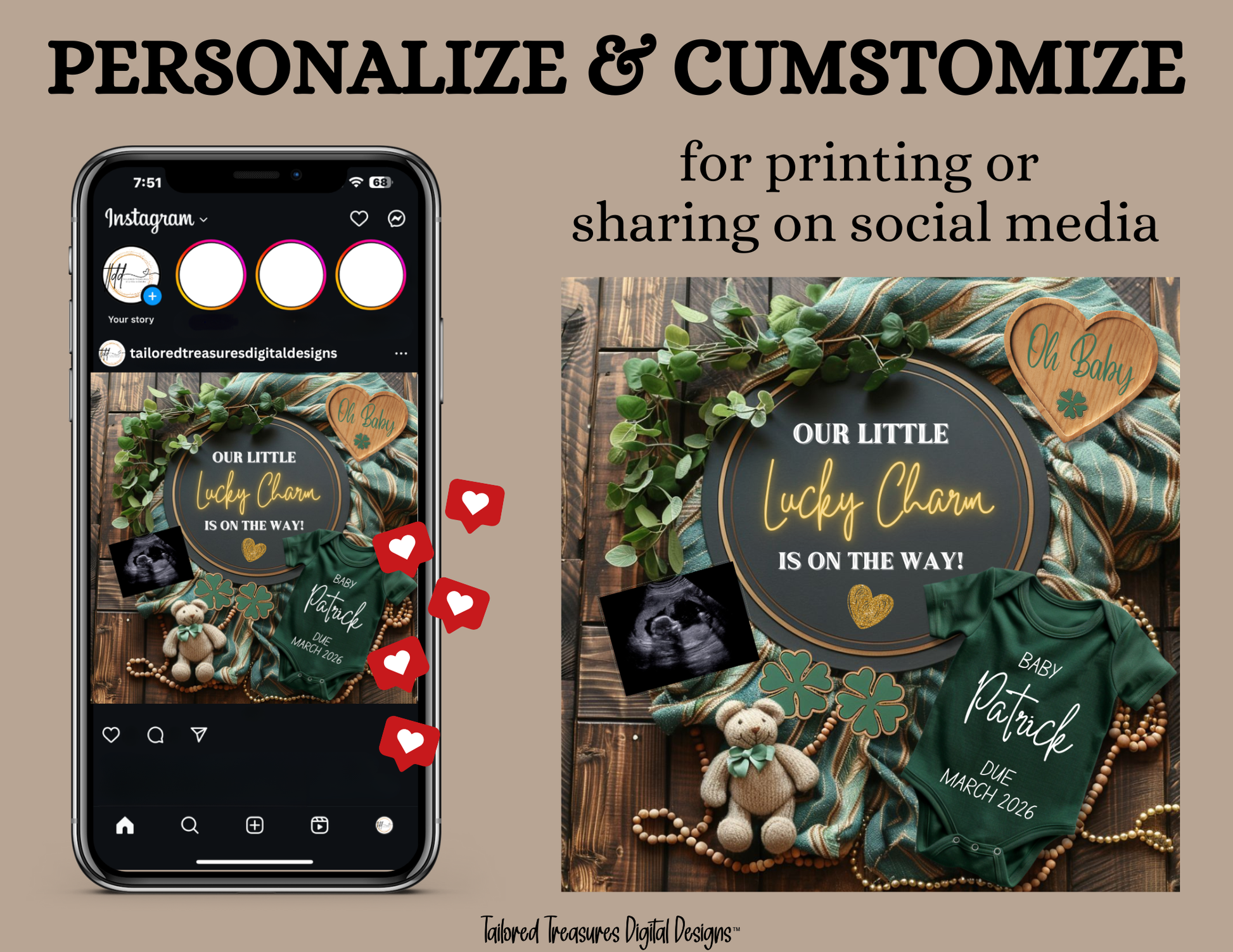 Digital St Patrick's Pregnancy Announcement, Lucky Charm, Customizable March Themed, Personalized Editable Template TailoredTreasuresDigitalDesigns™