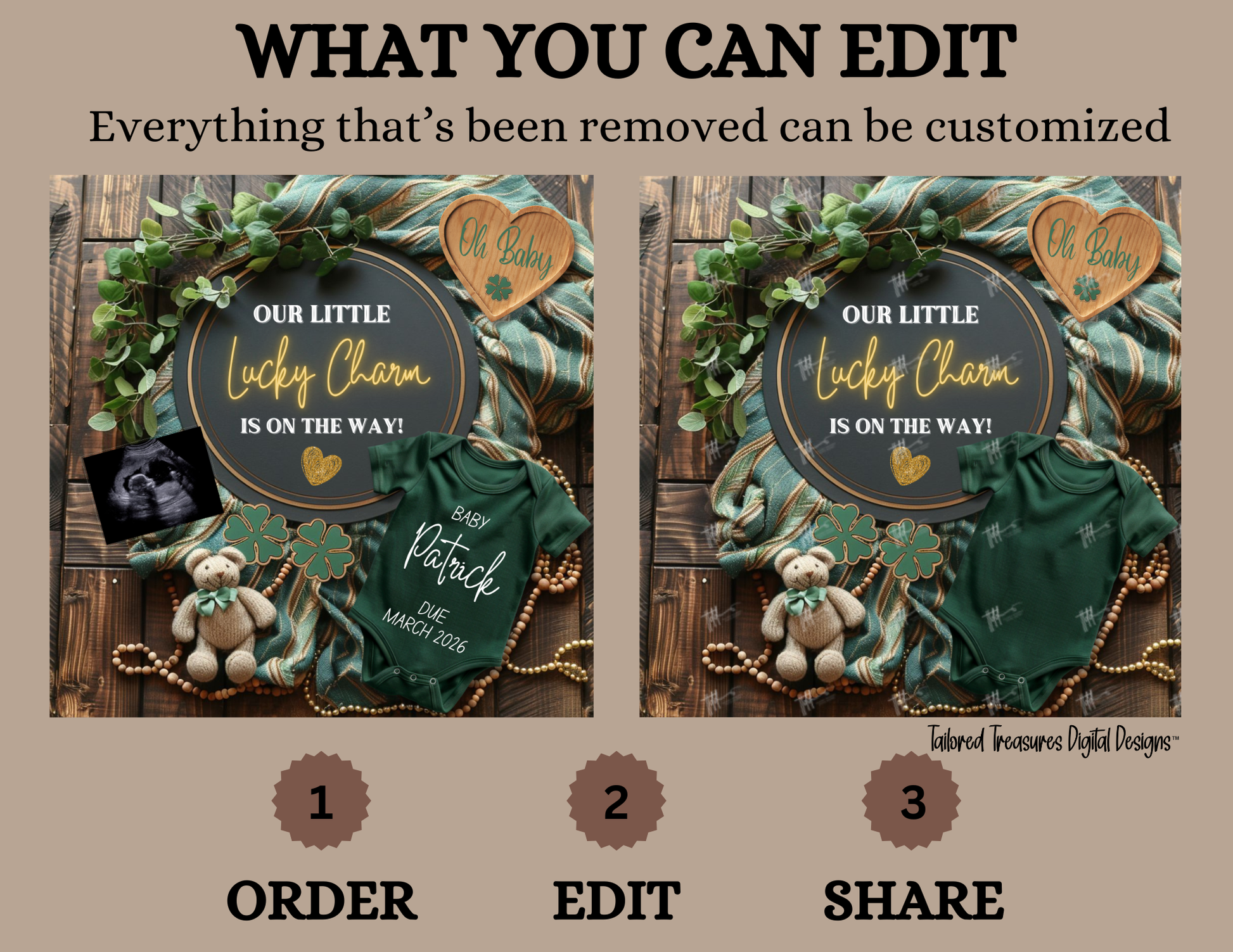 Digital St Patrick's Pregnancy Announcement, Lucky Charm, Customizable March Themed, Personalized Editable Template TailoredTreasuresDigitalDesigns™