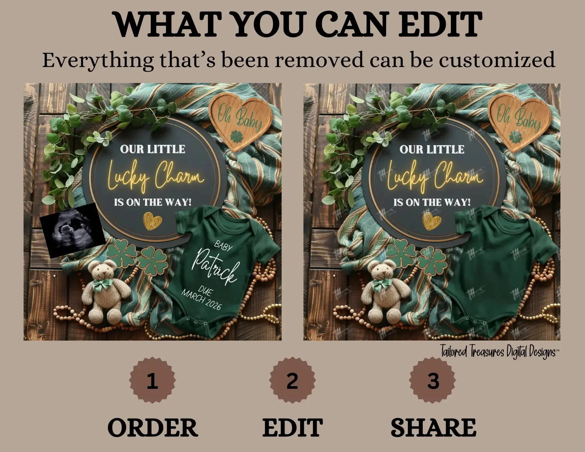 Digital St Patrick's Pregnancy Announcement, Lucky Charm, Customizable March Themed, Personalized Editable Template TailoredTreasuresDigitalDesigns™