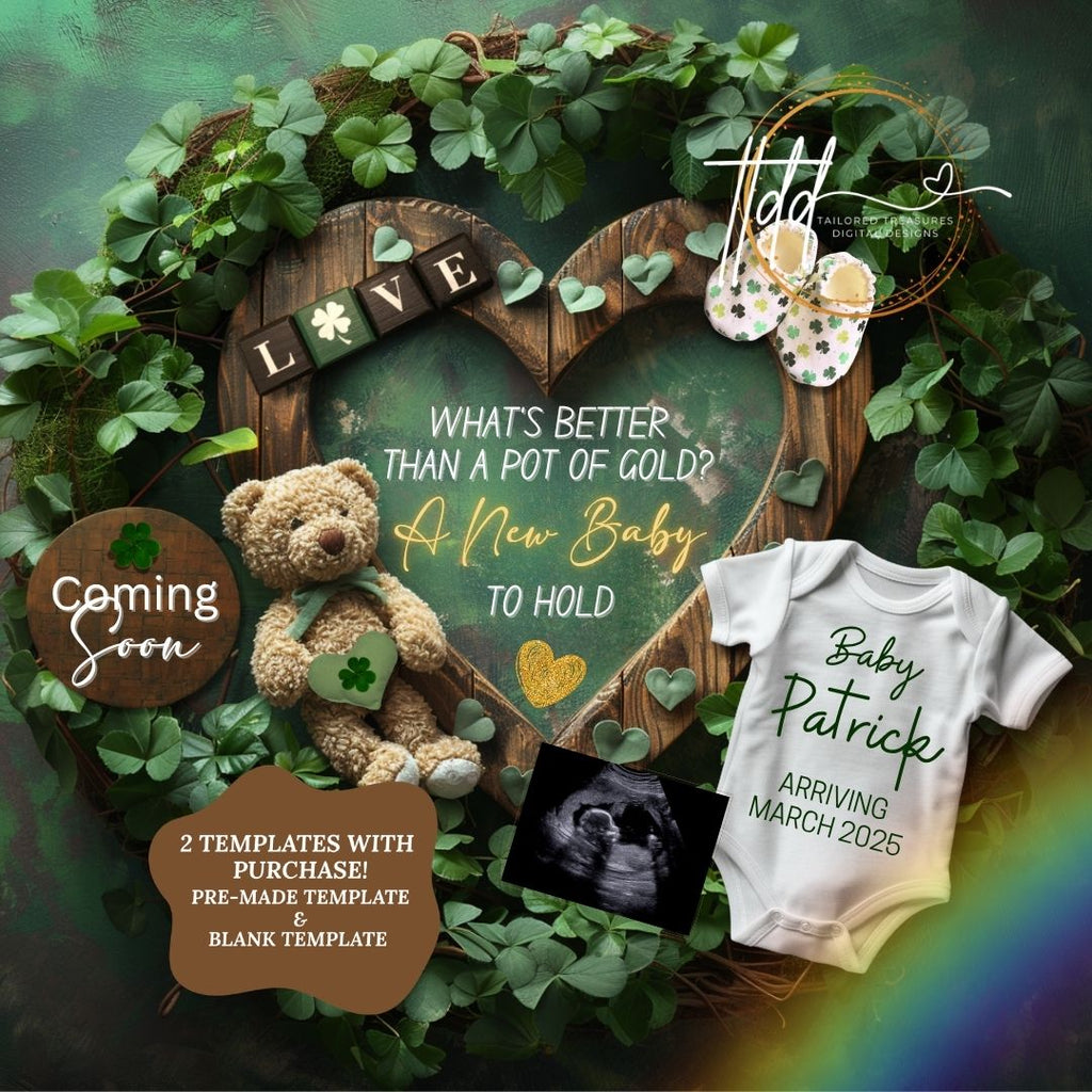 St Patrick's Pot of Gold Baby Reveal Digital Editable Template, Spring or March Themed Canva Template