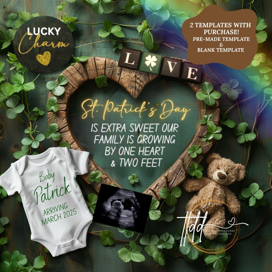 Digital St Patrick's Pregnancy Announcement, Extra Sweet, Customizable March Themed, Personalized Editable Template TailoredTreasuresDigitalDesigns™