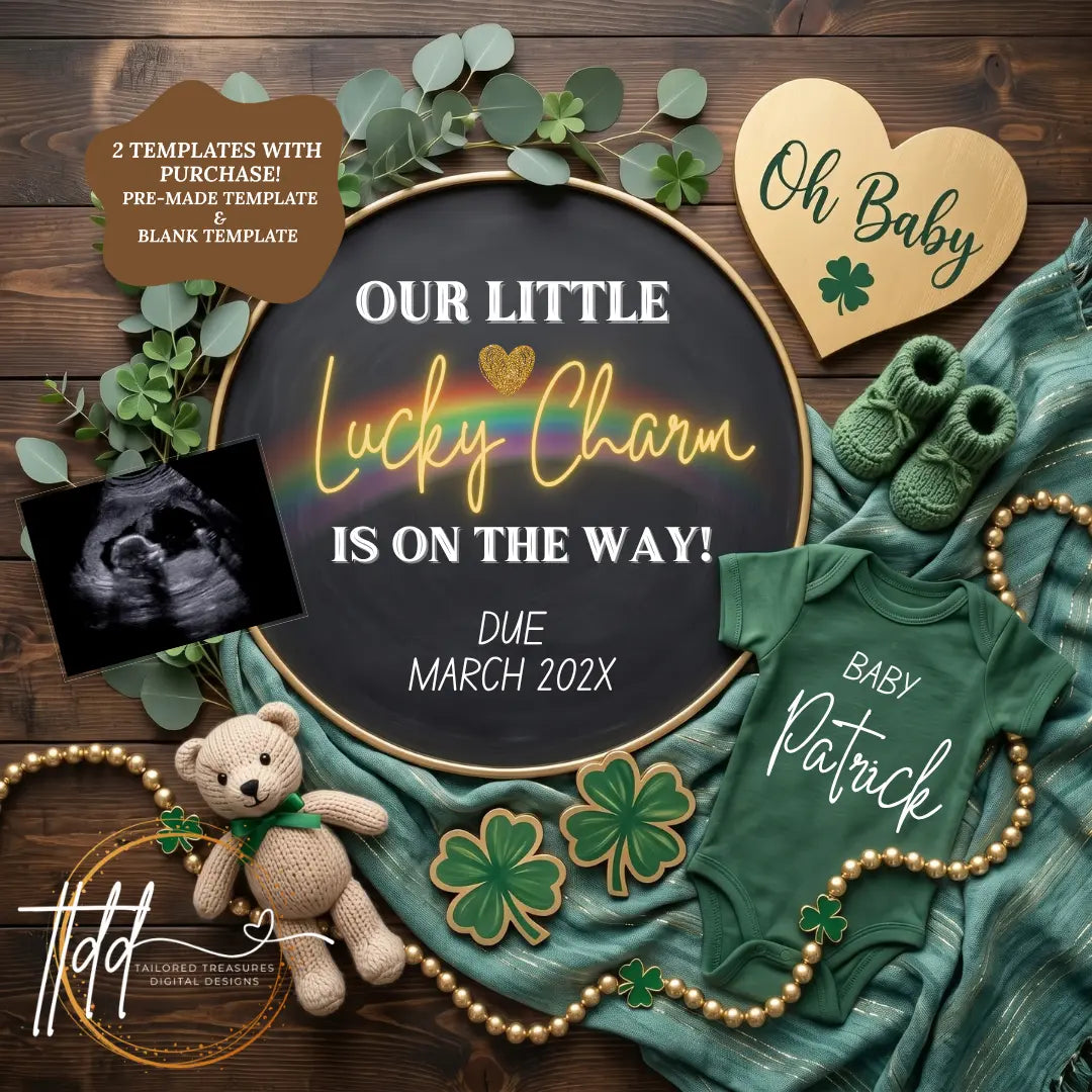 St. Patrick’s Lucky Charm Baby Reveal Digital Editable Template, Canva Instant Download TailoredTreasuresDigitalDesigns™